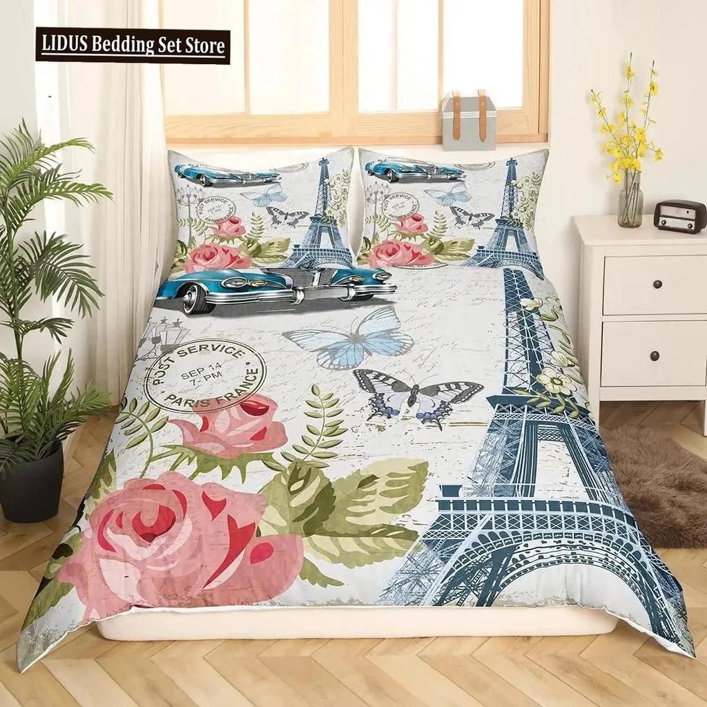 Comforter Valentine Day King Queen Paris Eiffel Tower Bedding Set Pink Watercolor Tulips Flowers Balloon Polyester