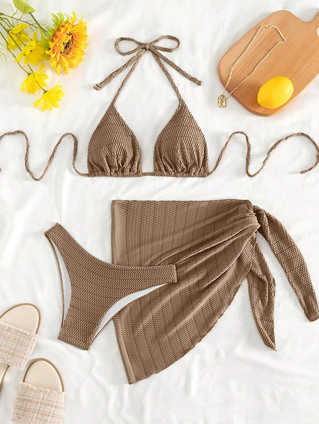 

2025 новый сексуальный однотонный раздельный бикини-тройка L темно-коричневого