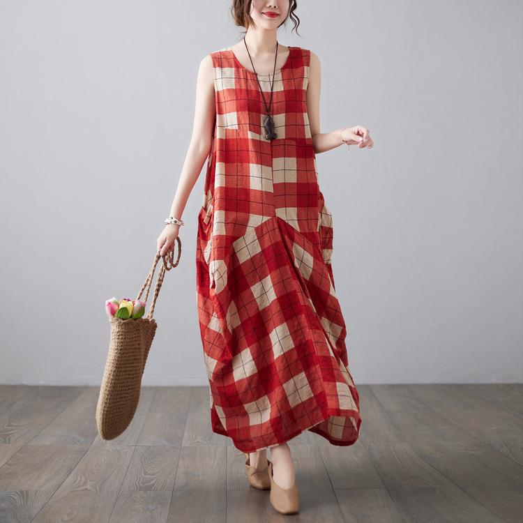 DIMANAF 2025 New Summer Women Plus Size Loose Vintage Plaid Dress Sleeveless Basic Sundress Casual Long Dress Maxi