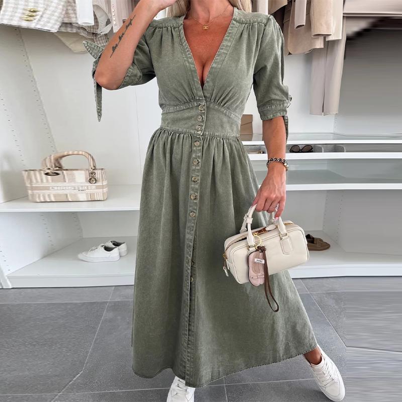 

Модное сексуальное джинсовое платье с V-образным вырезом, женское однобортное платье А-силуэта с короткими рукавами, однотонные минималистичные платья для поездок на работу, весна и лето, новинка XL армия зеленый