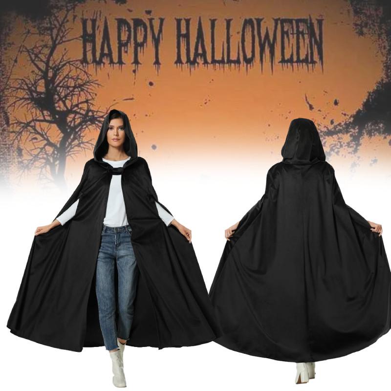 Halloween Long Hooded Cloak Cape Vampire Witch Black Spooky Fancy Unisex Outfit