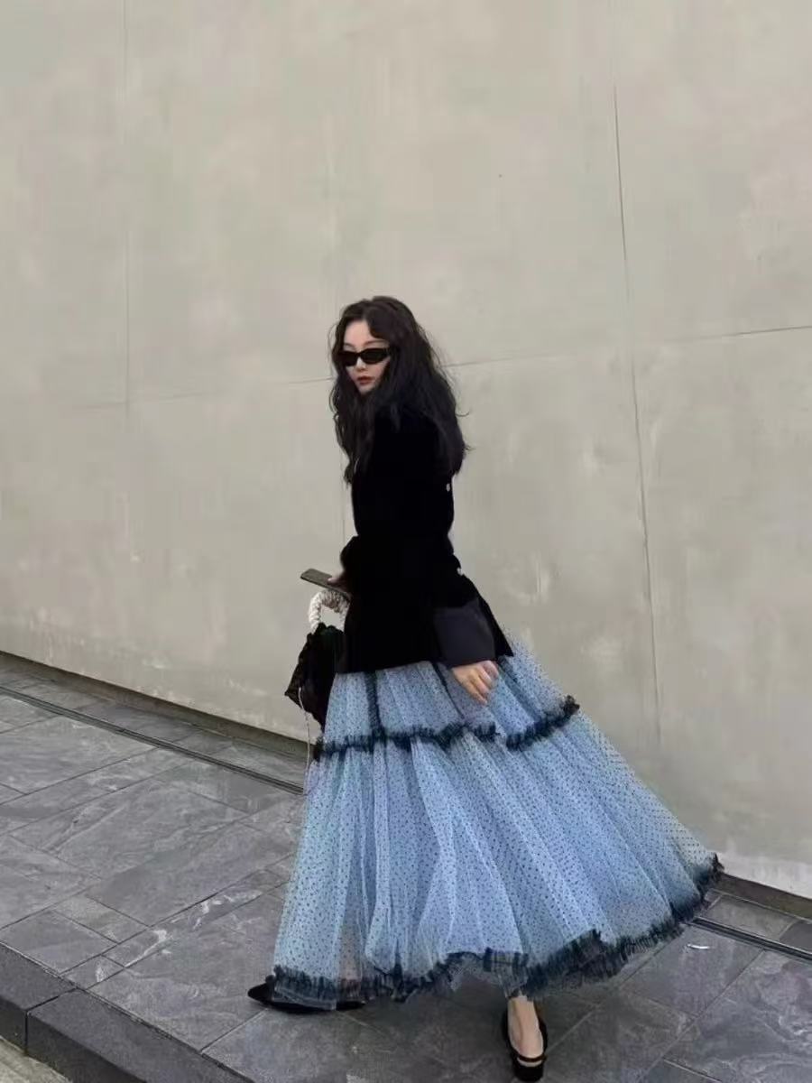 

2025 зимняя романтическая милая юбка в горошек с сетчатым узором, женская юбка с плетением, длинная юбка one size fits all синий