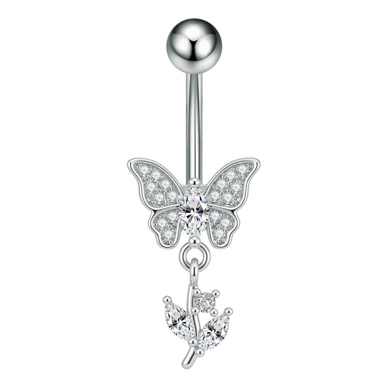 1Pcs  Stainless Steel Zircon Belly Button Ring Butterfly Flower Belly Button Stud Micro-Set Round Belly Button Piercing