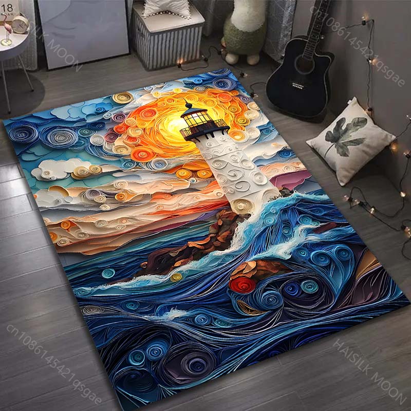 

1PC Lighthouse with Abstract Waves Pattern Rug Carpets for Bedroom Living Room Sofa Mat Creative Door Mat Cloakroom Home Decor 40x60cm