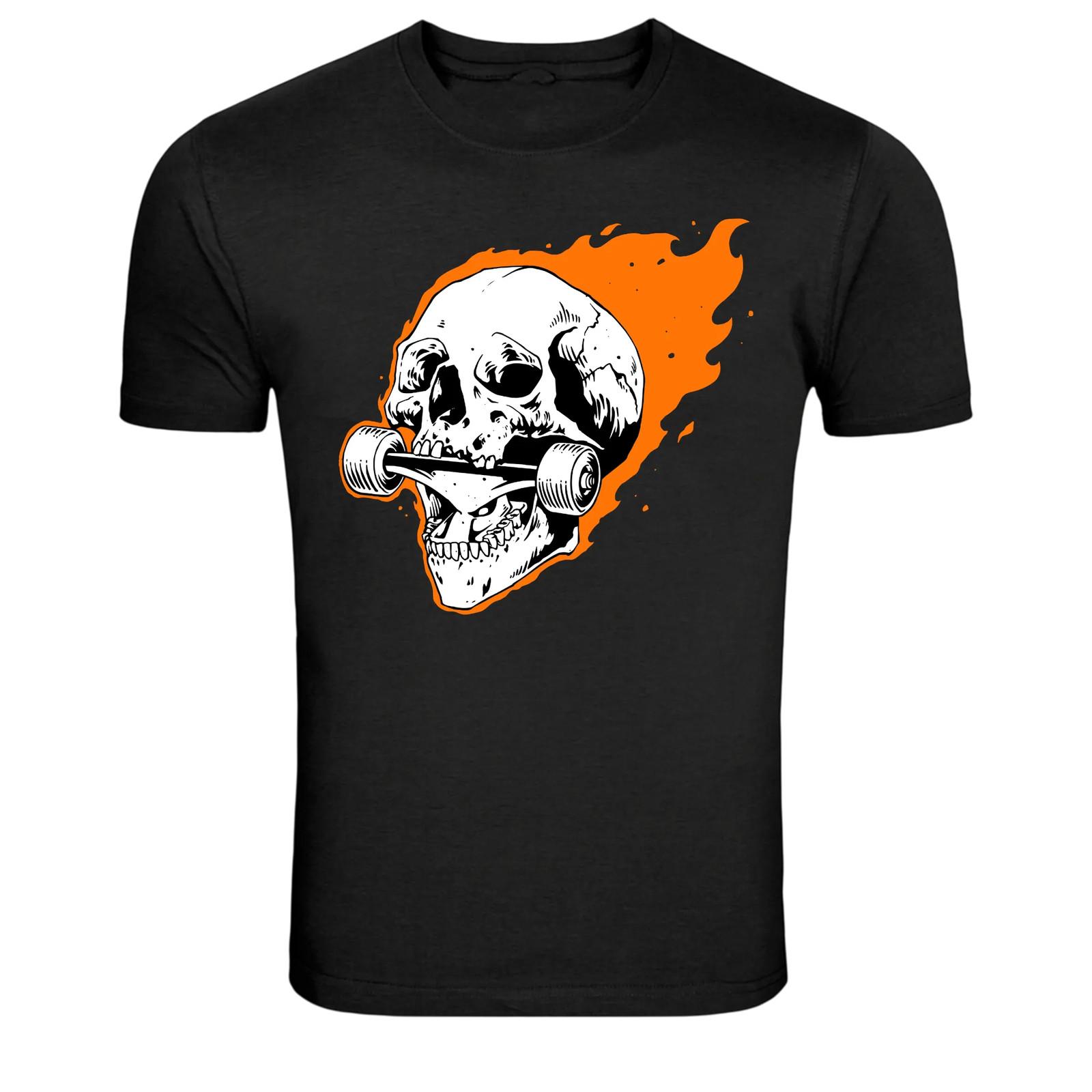 Skull With Skateboard Flaming Street Graphic T-Shirt S