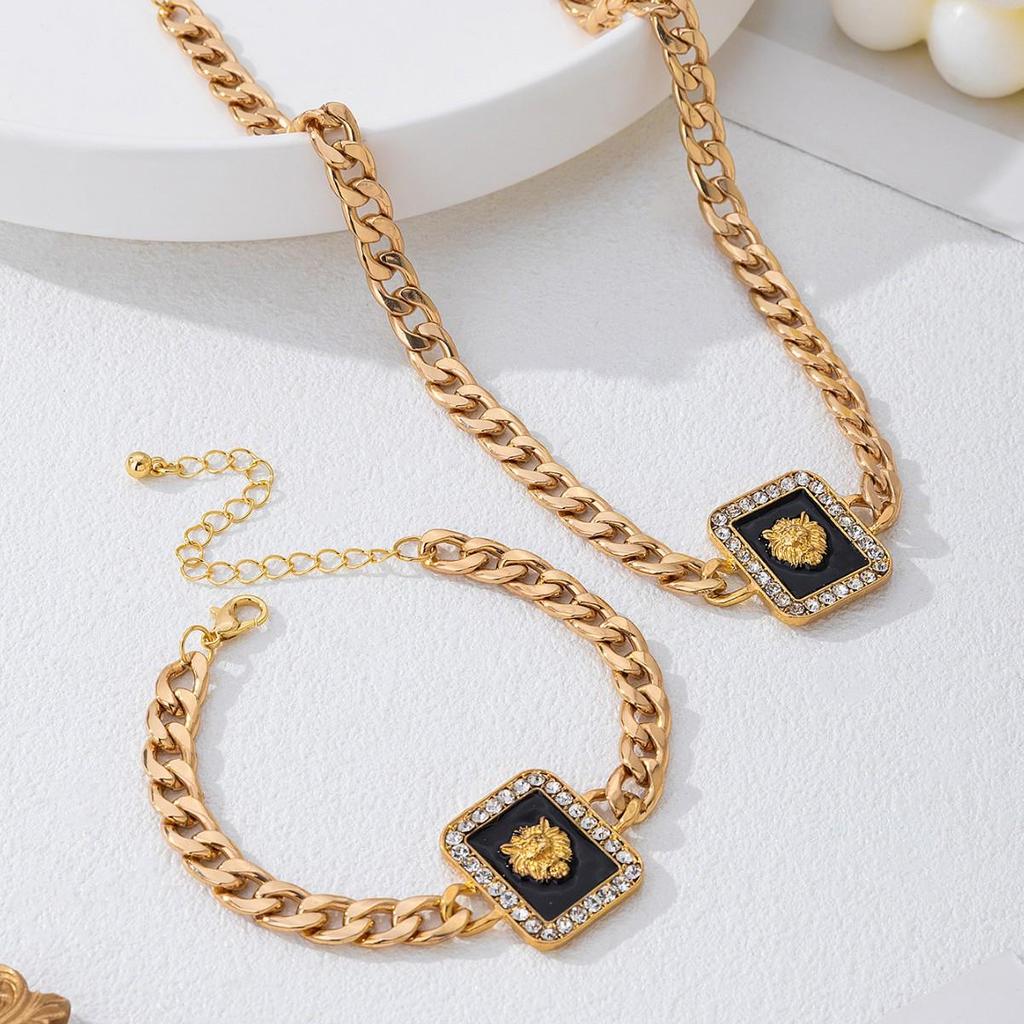 Luxury Lion Head Necklace & Bracelet Set: Rhinestone-Embellished Alloy Chain with Square Pendant for Women
