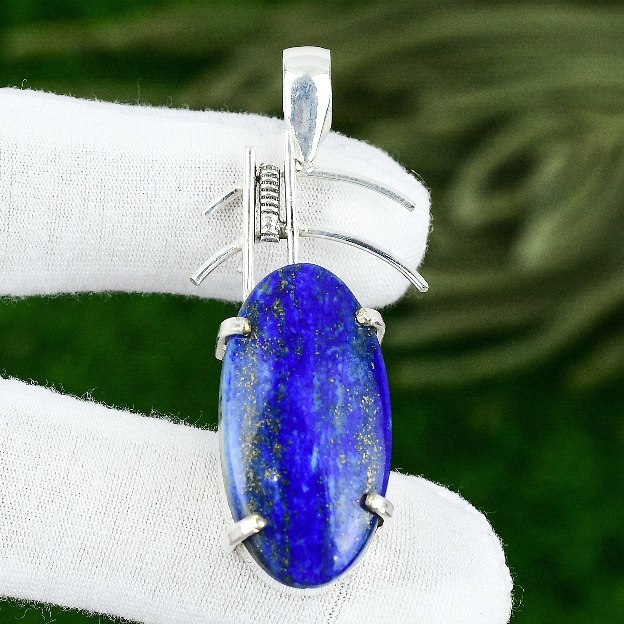 

Sterling Silver Oval Throat Chakra Lapis Lazuli Stone Wife Bezel Pendant Jewelry