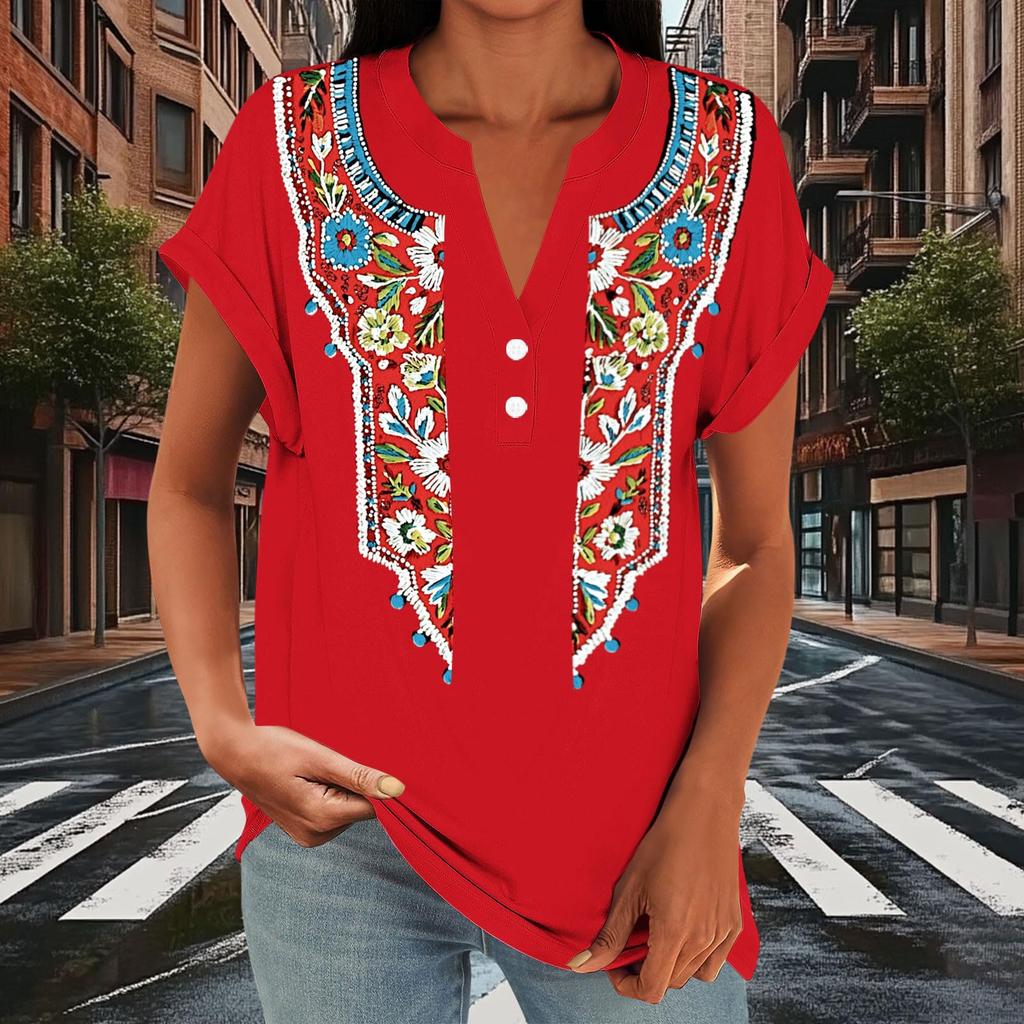 Damen Freizeit Locker Sitzend Kurzarm Knopf V-Ausschnitt Blumenmuster Bluse Top Leicht Atmungsaktiv Sommerhemd