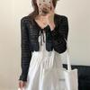 Fashion Sunscreen Knitted Cardigan Women's Hollow Blouse Vest Elegant Summer Thin V-neck Drawstring Air-conditioned Lace Shirt Shawl Short Tops