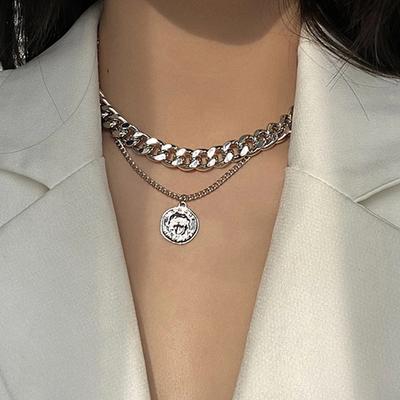 Fashion Double Chain Coin Necklace, Round Portrait Thick Chain Collarbone Chain Neck Chain