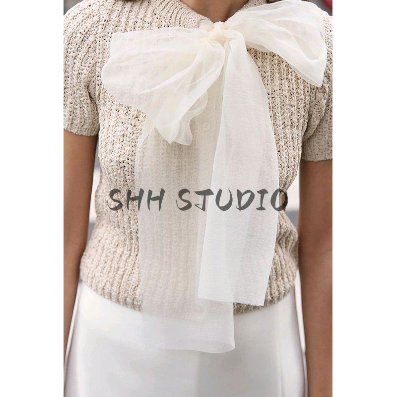 Spring and Summer Women clothes Simple Style Short sleeve round Neck Organza Bowknot Decoration Knitted Outerwear 2756009