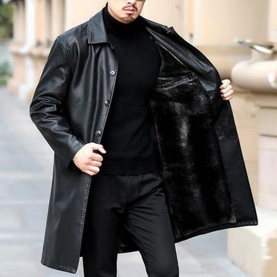 Cortavientos de Cuero Sintético para Hombre Otoño Invierno Solapa Manga Larga Bolsillos Un Botón Forro Polar