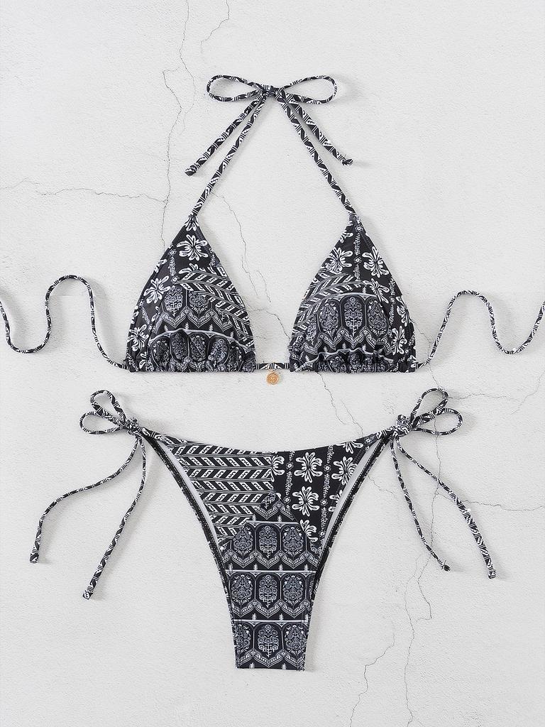 Damski strój kąpielowy z kwiecistą kokardką seksowna trójkątna torba wiązanie po bokach bikini z niską talią kostiumy kąpielowe kostiumy kąpielowe