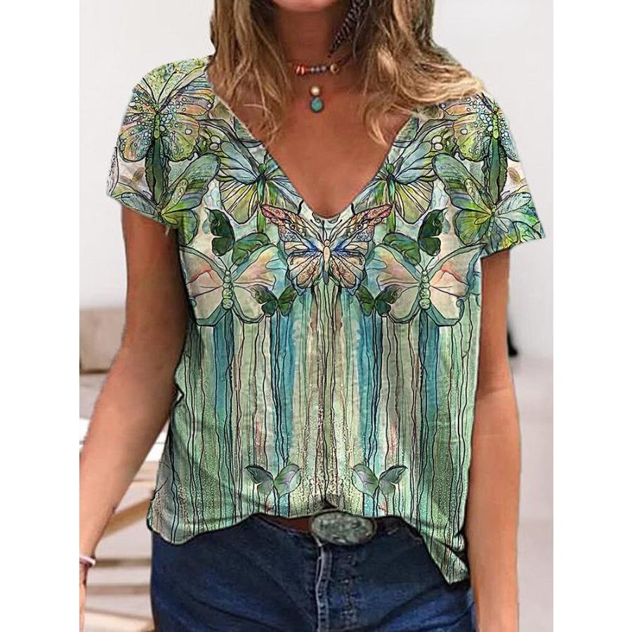 3d Floral Print T Shirts Abstract Character V-neck Pullover Short Sleeve T-shirt for Women's Top