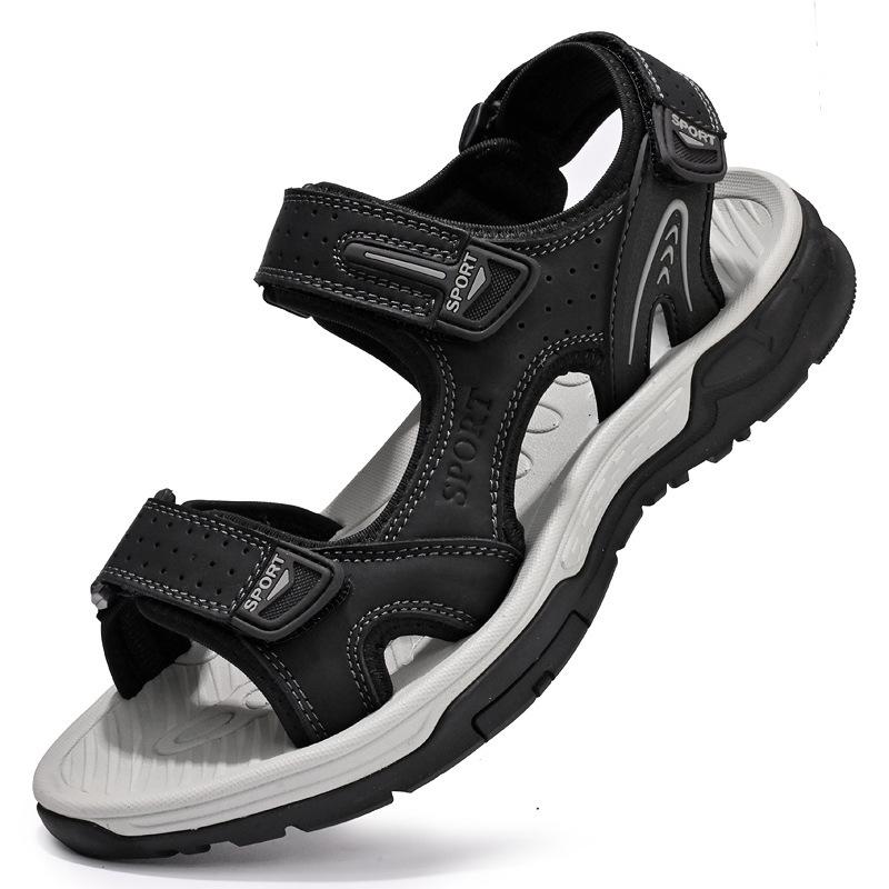 

Мужские сандалии 2024 новые летние полые дышащие кожаные пляжные туфли, легкие с мягкой подошвой, повседневные туфли на липучке 38 чёрный