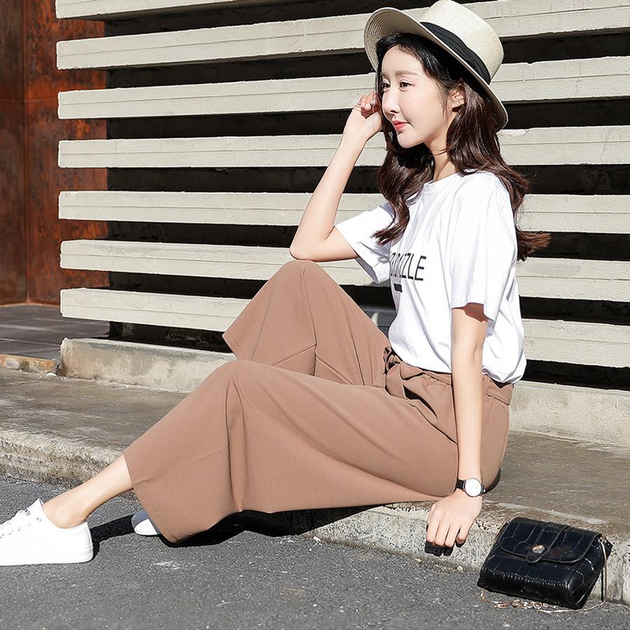 Women's Spring Korean Style Wide Leg Pants Loose Chiffon Casual Straight Leg Trousers with Tie Waist and High Waist for Summer