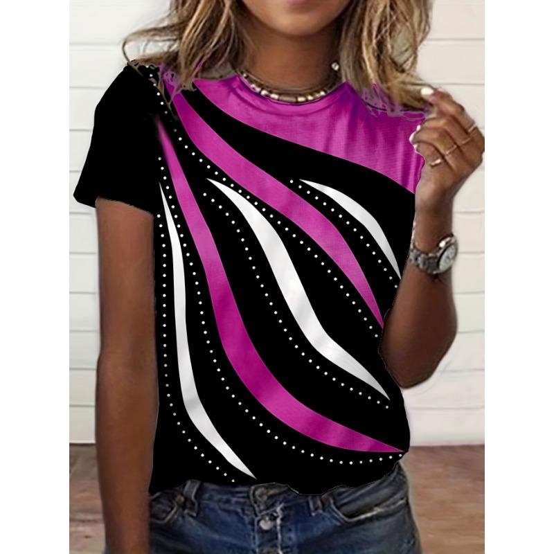 Damen-T-Shirt mit kontrastierendem geometrischem Print - Retro-Ethno-Stil, kurzärmelig, Rundhalsausschnitt, lässiges Oberteil in Schwarz/Grün/Weiß