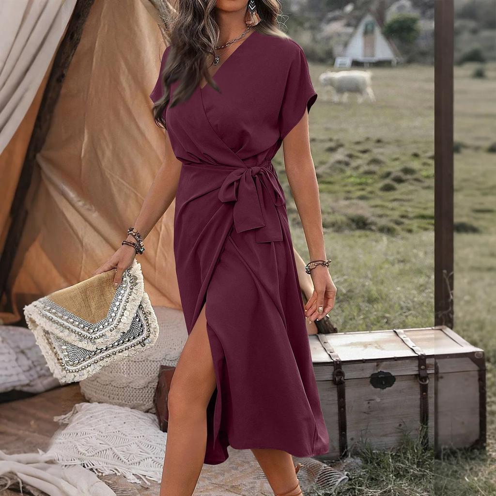 Women's V Neck Wrap Dress Twisted Slit Pleated Waist Tie Short Sleeve Summer Midi Dresses