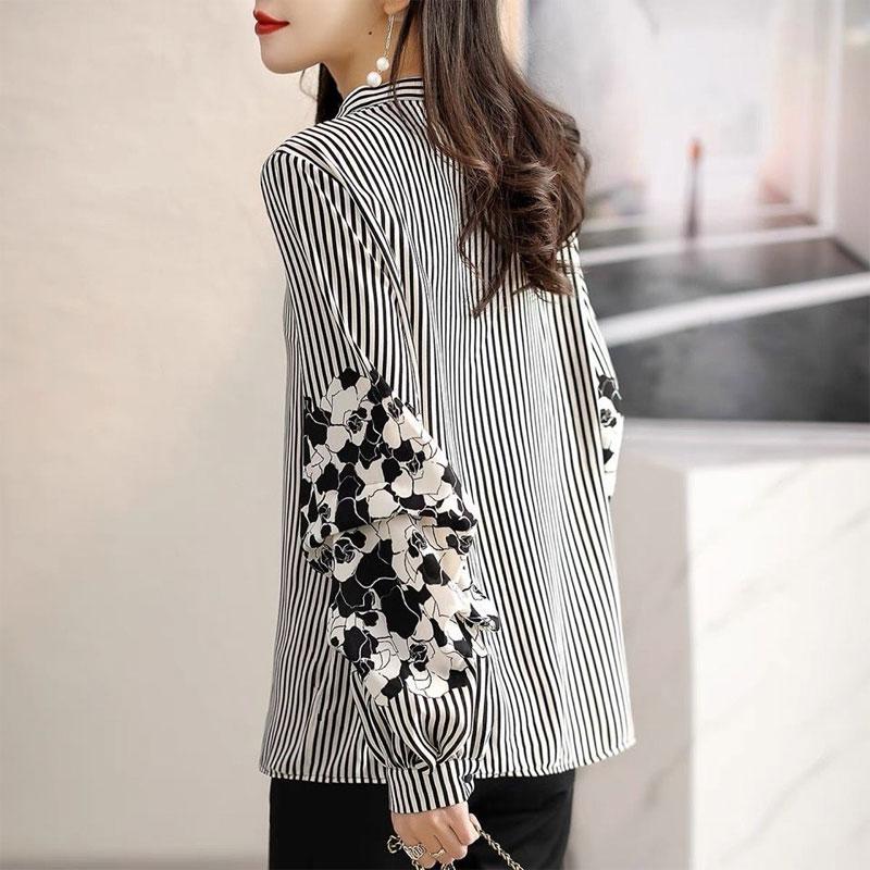 Office Lady Striped Stylish Floral Printed Shirt Female Clothing Round Neck All-match Loose Spring Autumn Casual Button Blouse