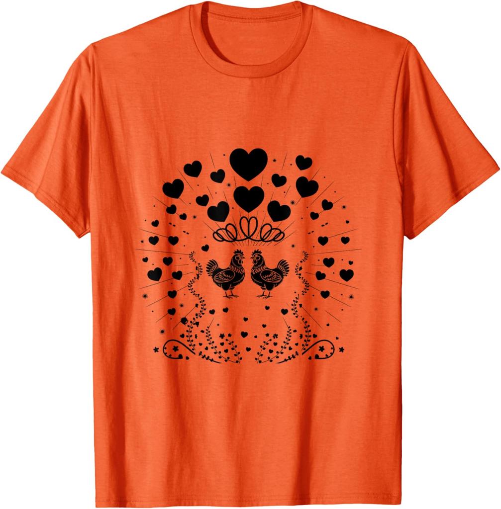 Chicken Couple Hearts Valentine Farm Animal Graphic Tee Soft Cotton Casual Daily T-Shirt
