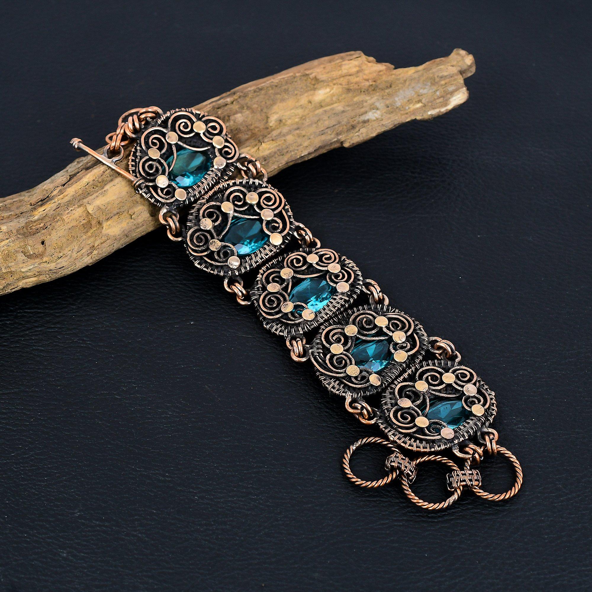 

Швейцарский голубой топаз Браслет-манжета, обернутый медной проволокой 999 пробы, регулируемый браслет, ювелирное украшение с драгоценным камнем, подарок для мамы, новые ювелирные изделия ручной работы 8 Inches