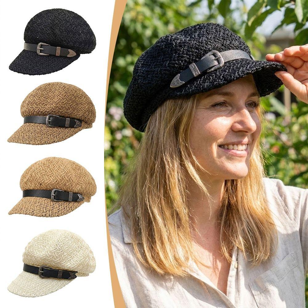 Casquette Tressée en Paille Classique Creuse Respirante Protection Solaire Octogonale Boucle en Cuir Casquette Pare-Soleil pour Femme