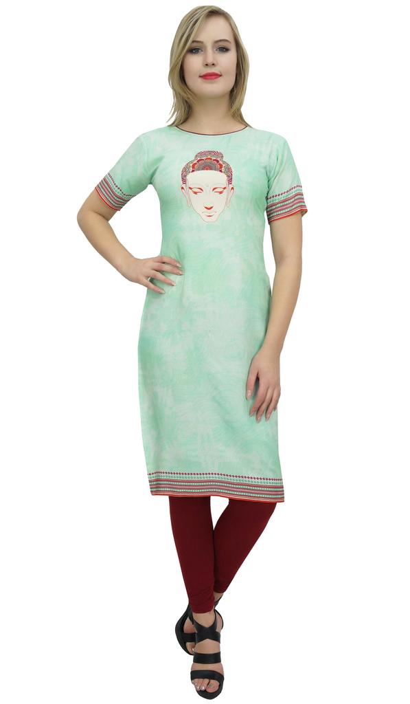 Bimba Women's Tunic Buddha Print Kurti Kurta Green Casual Summer Clothing-10
