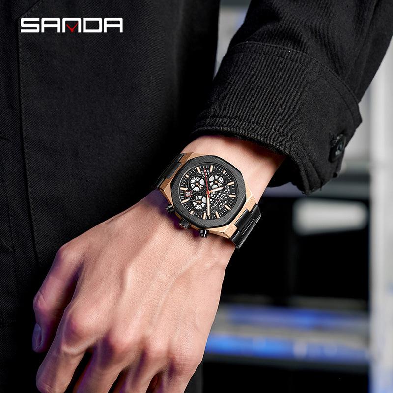 Sanda Men's Skeleton Steel Band Wristwatch with Six-Hand Calendar - Stylish & Waterproof