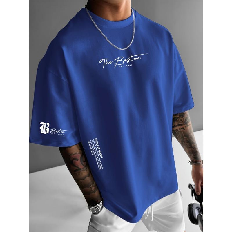 ETST46 Zomer Nieuw Mannen Casual Los Kort Gebreid Rond Hals T-shirt Boston 1997 Bedrukt Patroon Buiten Fitness Polyester Vezel Top 6XL