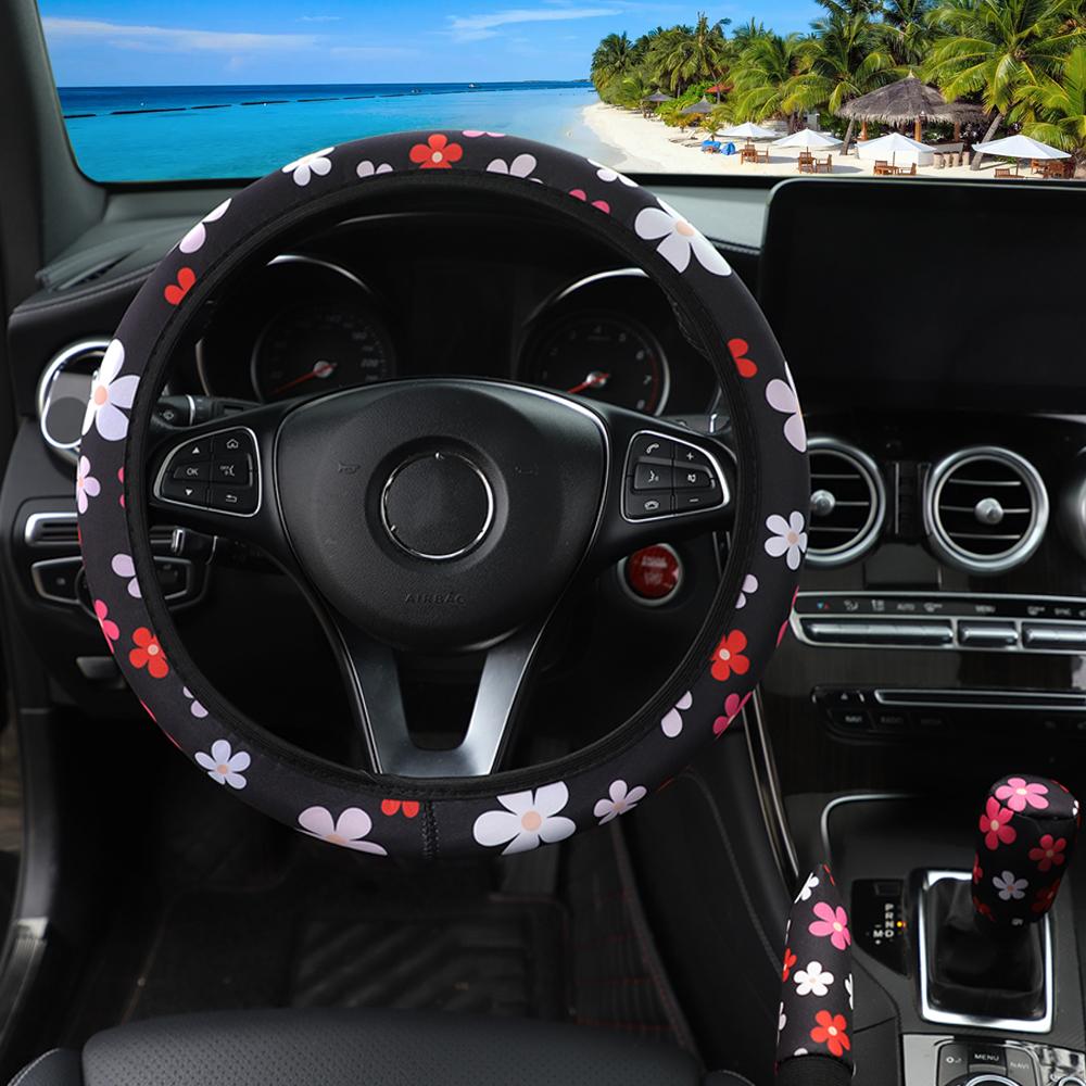 3 Delar Tyg Schackruta Blomma Spindelnät Bil utan Inre Ring Rattkåpa Handbromskåpa Handtagskåpa