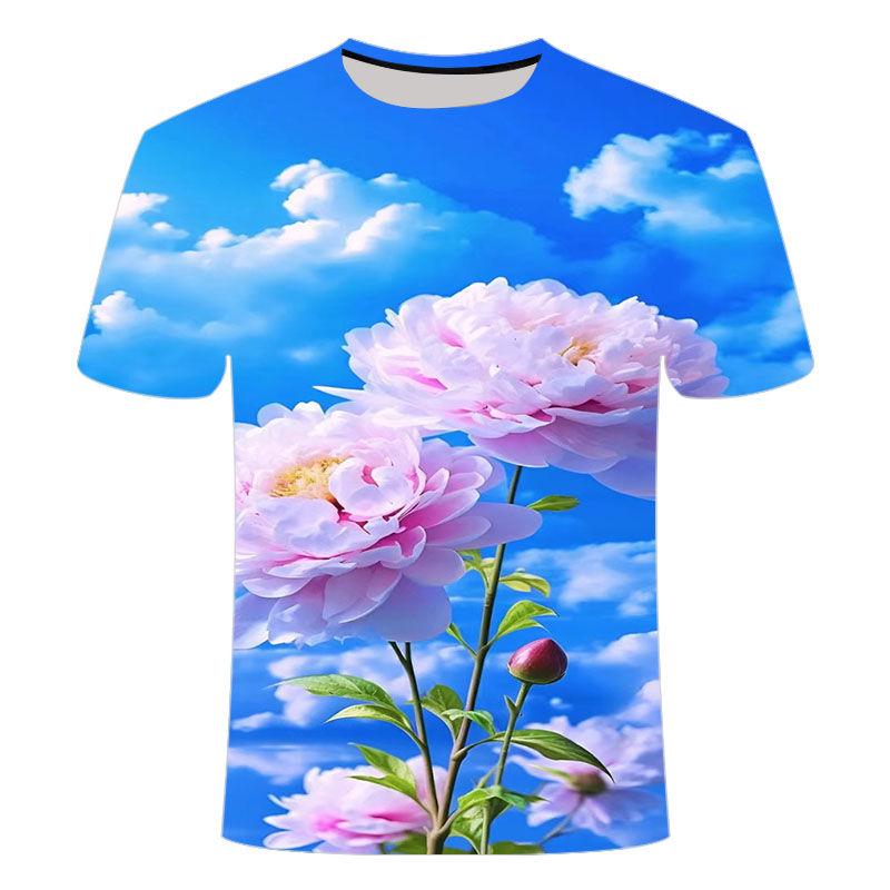 Summer New Beautiful Flower Pattern 3D Printed T-shirt Trendy Fashion and Versatile Short Sleeve for Primary and Secondary School Students