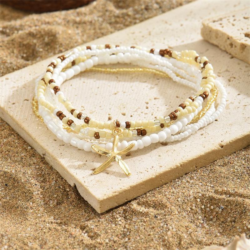 Colorful Starfish Pendant Rice Beads Beaded Anklet for Women Summer Fashion Multi-layer Bracelet Anklet Bohemian Leg Jewelry