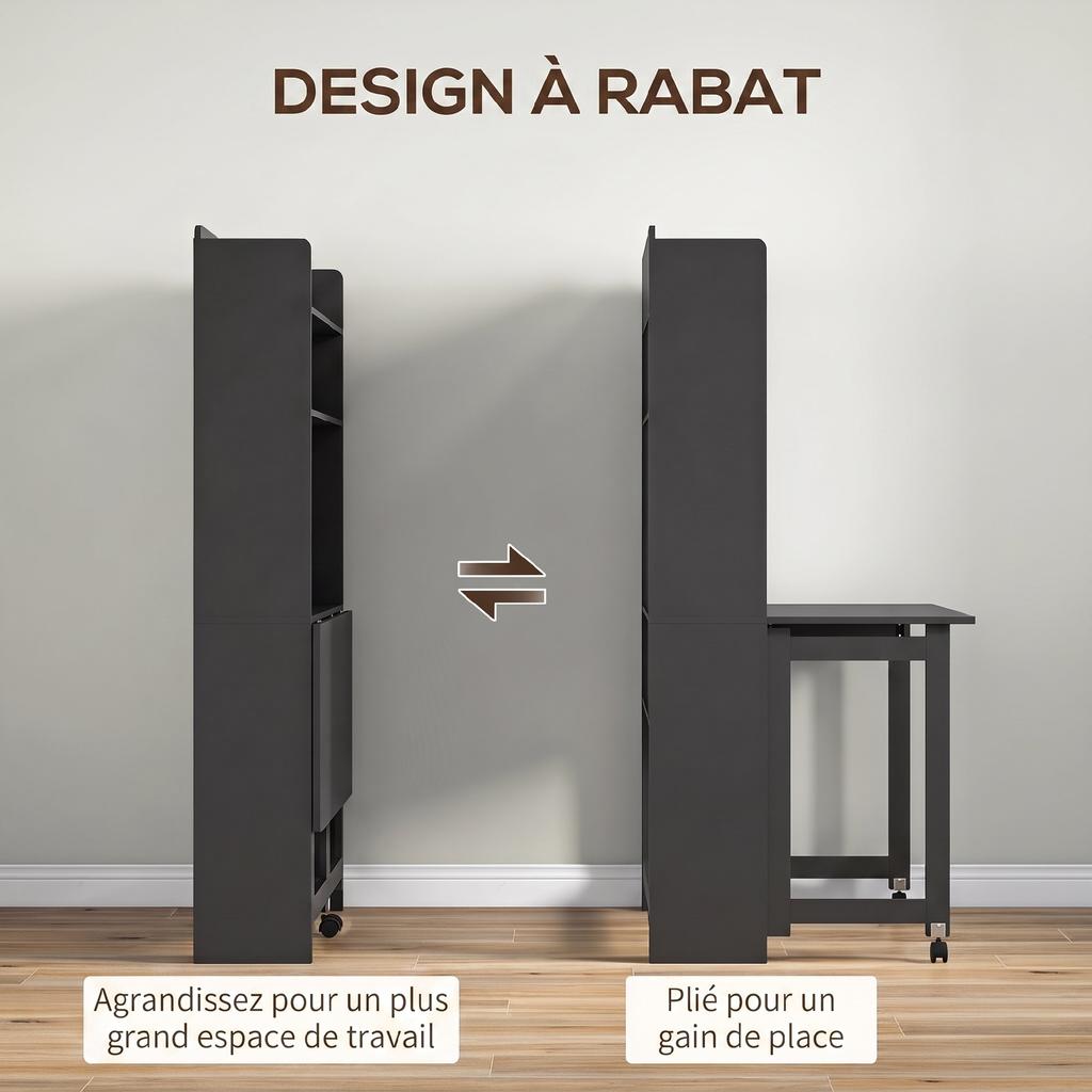 Computer Desk with Storage Shelves, Folding Top, 2 Casters, 80 x 69 x 155 cm, Black