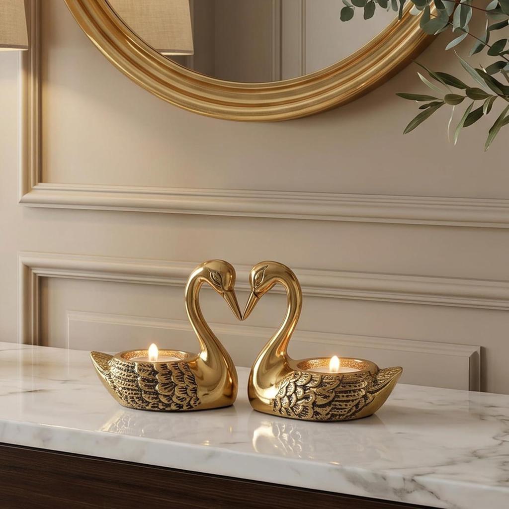 Aluminium Pair of Swans Tea Light Candle Holder with 2 T-Light Candles for Home Décor Living Room | Decorative Romantic Swan Couple Showpiece