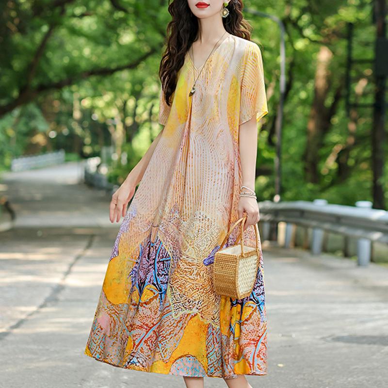 Women's Plus Size V-Neck Floral Long Dress – Short Sleeve Loose Fit Casual Dress with Pockets (Sizes XL-5XL)