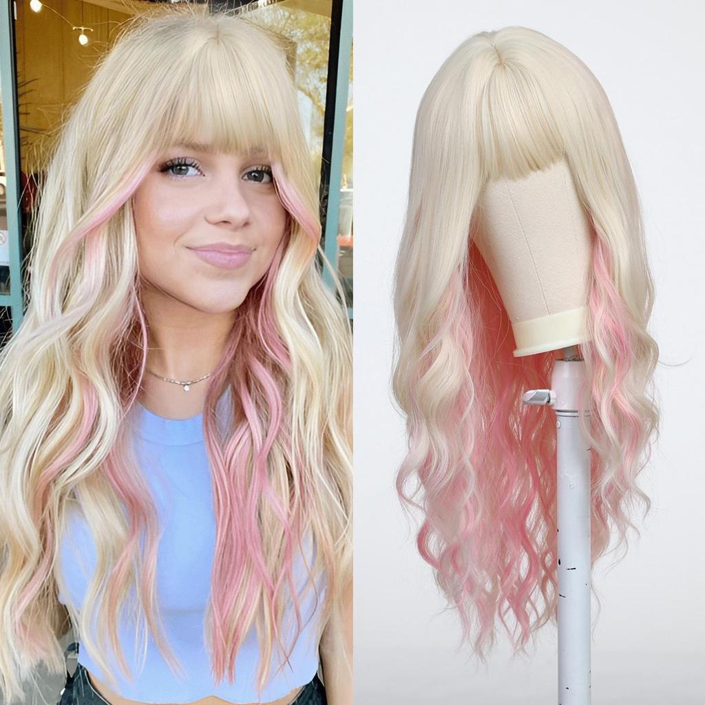 ALAN EATON Μακριές Καφέ Ξανθές Ombre Συνθετικές Περούκες με Αφέλειες Κυματιστή Σγουρή Περούκα Ανθεκτική στη Θερμότητα Περούκα από Ίνες για Γυναίκες Καθημερινή Cosplay Πάρτι