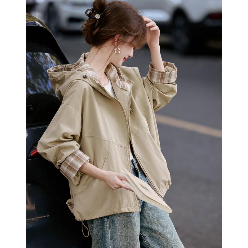 Women s Workwear Style Spliced Plaid Hooded Jacket XL