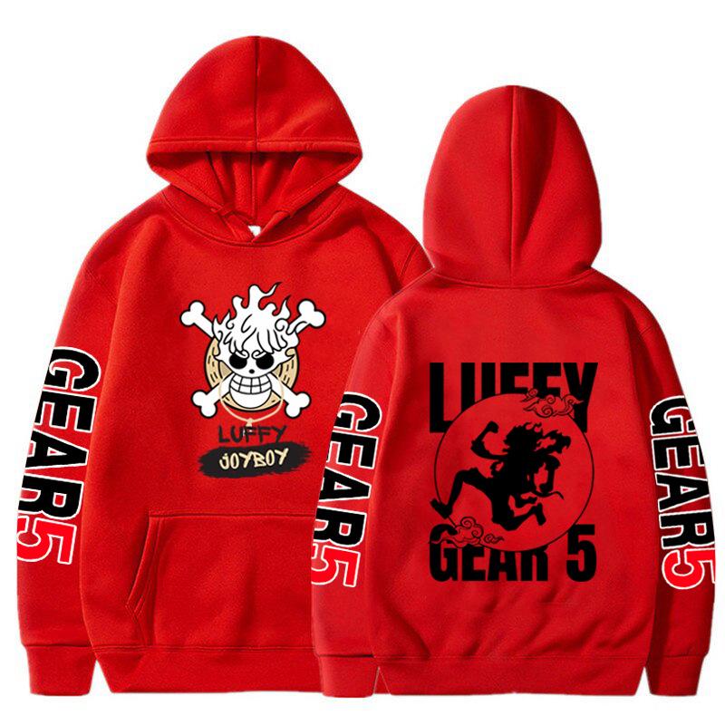 New Five-Speed Luffy Print Hoodie - One Piece Anime Long-Sleeve Fleece Top