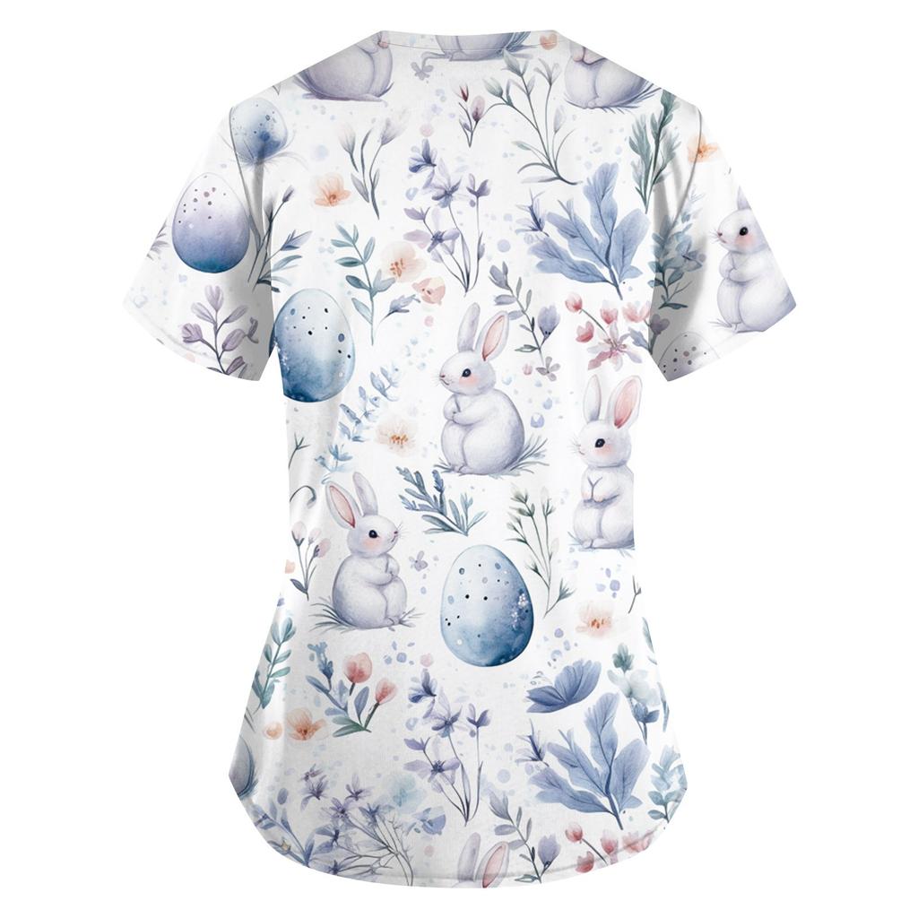 Women's Fashion V-Neck Short Sleeve Overalls With Pockets Easter Print Tops  Clothes
