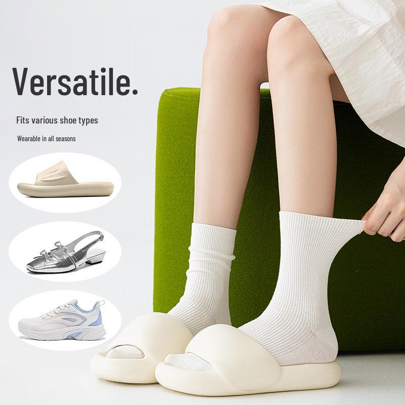 Women's Pure Cotton Mid-Calf Socks - Spring/Summer Style, Double Needle Craft, Solid Color, Seamless Toe.