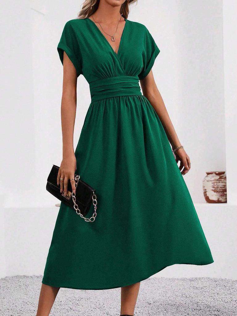 Women's 2026 Summer V-Neck Batwing Sleeve Pleated Dress