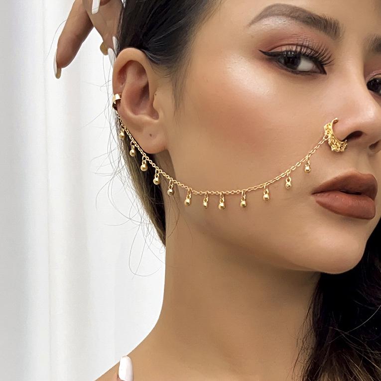 European & American Punk-Style Imitation Pearl Butterfly Tassel Earrings & Nose Clip for Women