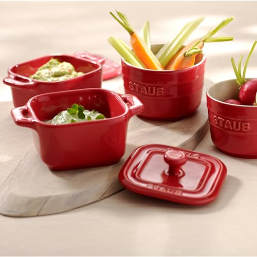 Staub "Square Cocotte Pair Cherry, 8cm, Set of 2" Ceramic Heat-Resistant Storage Container, Microwave-Safe [Official Japanese Product] La Cocotte Squa