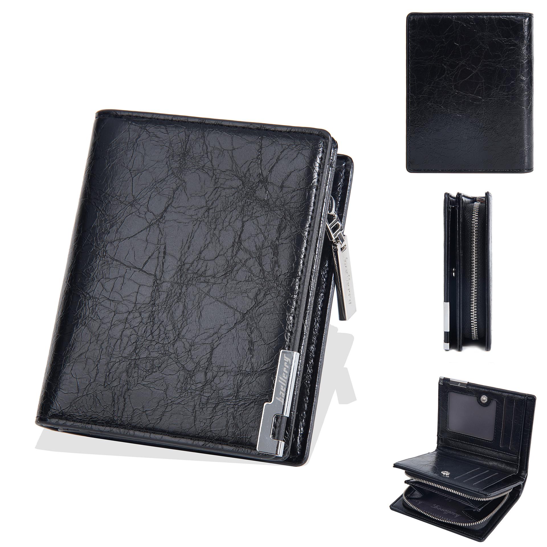 Baellerry Men s Bi-fold Leather Wallet with Zipper Coin Pocket чёрный