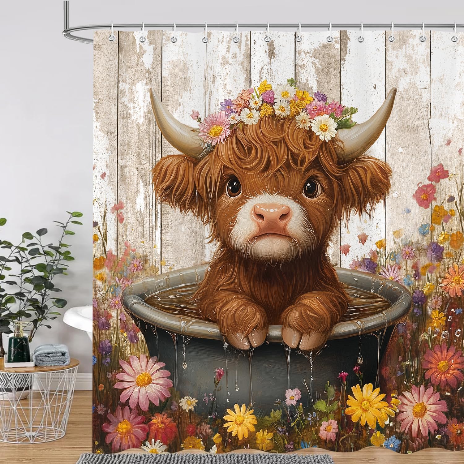 Pandara Jewelry Cute Highland Cow Shower Curtain For Bathroom, Farmhouse Rustic Cow Animal Bathing In Bathtub Shower Curtains Decor Set
