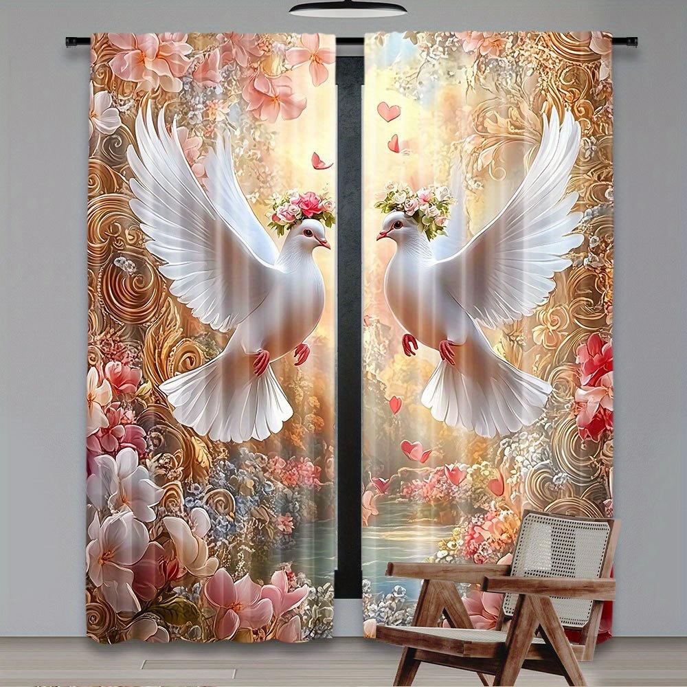 2pcs White Dove with Wreath Print Curtains – for Living Room   Bedroom   Kitchen   Caf   Hotel & Restaurant Decor
