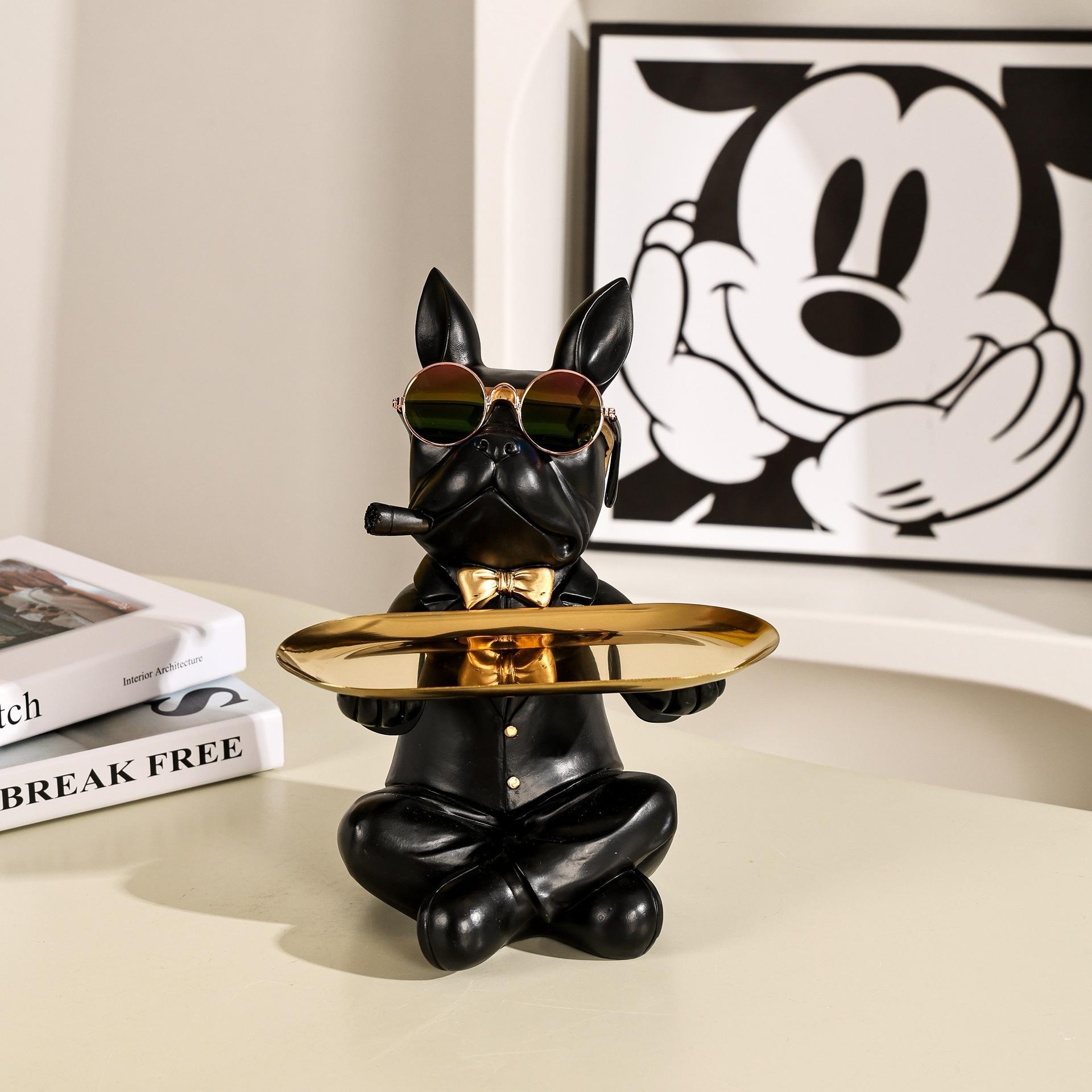 

22.5cm Cool French Bulldog Statue with Tray Coin Bank Funky Dog Figurine Key Candy Storage Box Modern Entrance Desk Decor Gift чорний