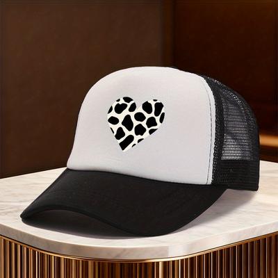 Cow Print Heart Mesh Trucker Hat Polyester Casual Unisex Snapback Adjustable Cap