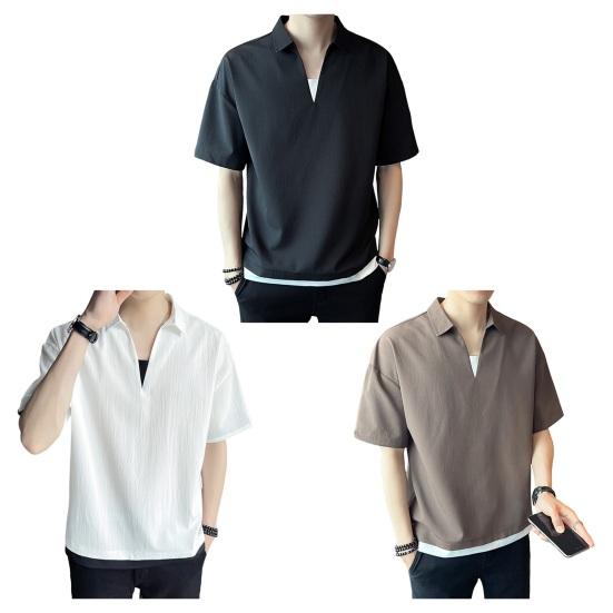 Men Shirt V Neck Lapel Color Fake Silk Two-piece Ice Solid Short Sleeves Loose Pullover Stretchy Casual Daily