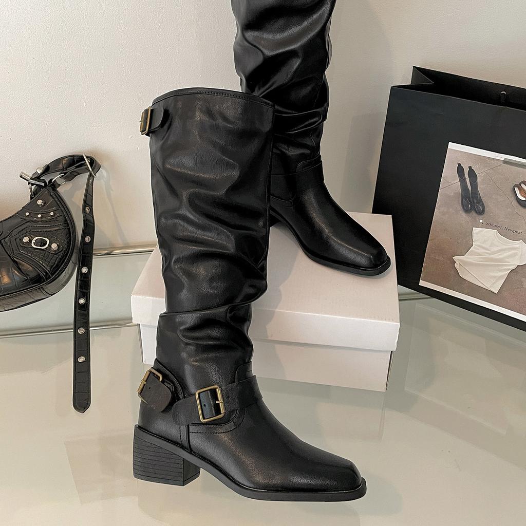 White retro high-end thick-heeled boots children's boots 2025 new autumn with skirt thin knight boots